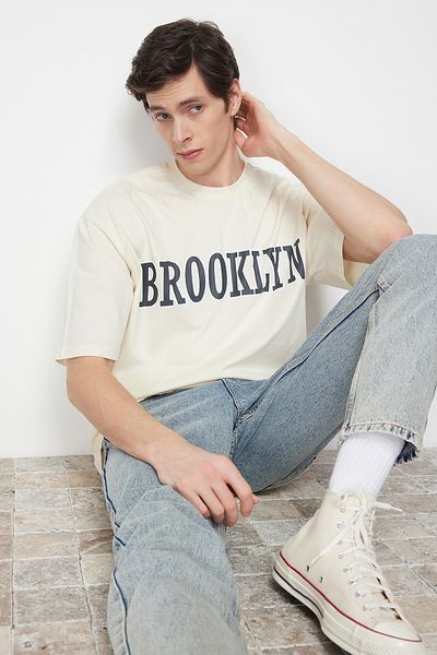 Trendyol Collection Fluffy Oversize City Printed Cotton T-Shirt - TMNSS24TS00023