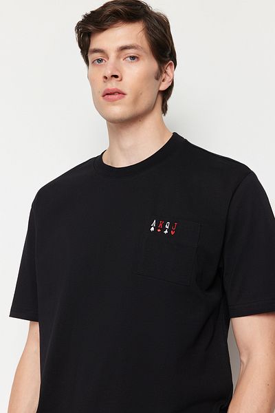 Trendyol Collection Black Embroidery Oversize Pocket Short Sleeve Cotton T-Shirt - Tmnss24Ts00008