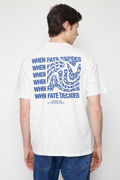 Trendyol Collection Ecru Oversize Text Printed Cotton T-Shirt - TMNSS24TS00015