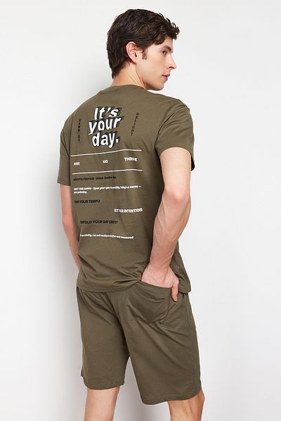 Trendyol Collection Khaki Printed Regular Fit Pletené šortky Sada pyžama TMNSS24PT00009