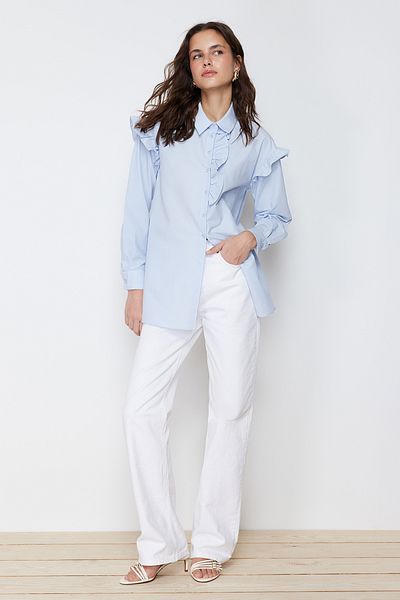 Trendyol Modest Cămașă din bumbac cu detalii de perle albastru deschis TCTSS24TG00011