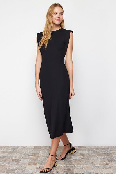 Trendyol Collection Black Fitted Moon Sleeve Ribbed Flexible Midi Knitted Pencil Dress TWOSS24EL00187