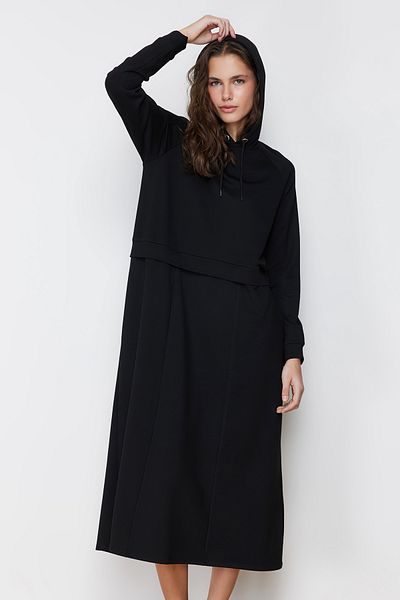 Trendyol Modest Black Oversize Hooded Knitted Sweatshirt Dress Tctss24Eb00043