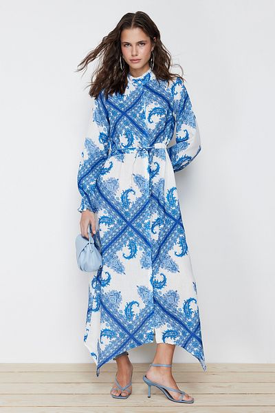 Trendyol Modest Blauer asymmetrischer Rock mit Schalmuster, detailliertes, gebundenes Webkleid TCTSS24EB00101
