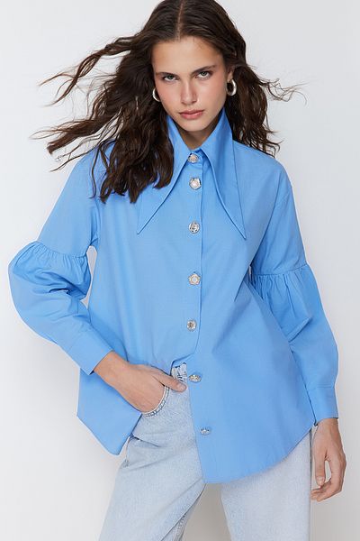 Trendyol Modest Cămașă țesută din bumbac, accesoriu pentru guler pentru bebeluș albastru TCTSS24TG00029
