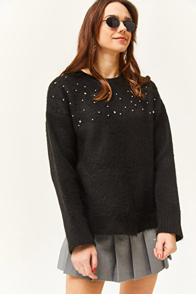 Olalook Pulover de damă, cu detaliu din piatră neagră, moale, groasă, tricota...