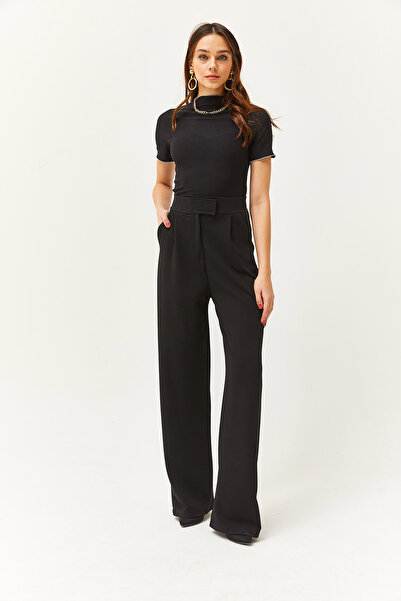 Olalook Dámské černé kalhoty Palazzo do pasu na suchý zip PNT-19000254