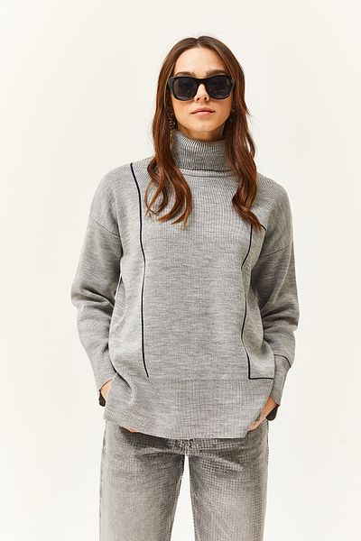 Olalook Grauer Rollkragenpullover mit Streifendetail für Damen KZK-19000791