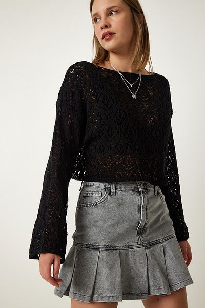 Happiness İstanbul Schwarzer, saisonaler Strickpullover mit U-Boot-Ausschnitt und durchbrochenem Muster für Damen MW00144