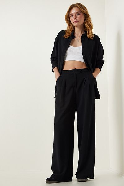Happiness İstanbul Women's Black Woven Oversize Shirt Palazzo Suit UL00014