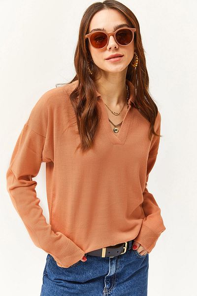 Olalook Dünner Strickpullover mit Polokragen in Lachsfarben für Damen KZK-19000789