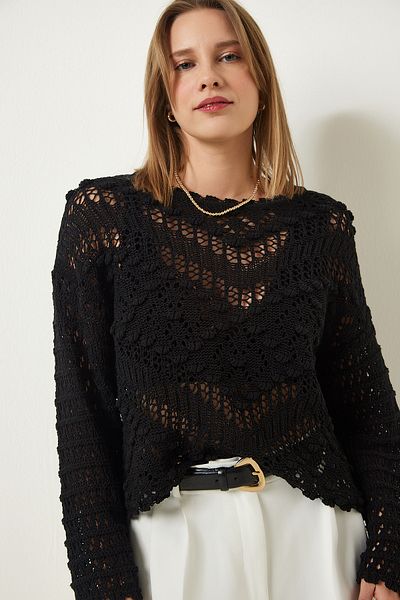 Happiness İstanbul Schwarzer Damen-Strickpullover mit U-Boot-Ausschnitt und durchbrochener Stickerei MW00107