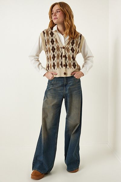 Happiness İstanbul Women's Beige Baklava Patterned Buttoned Sweater Shirt YY00199