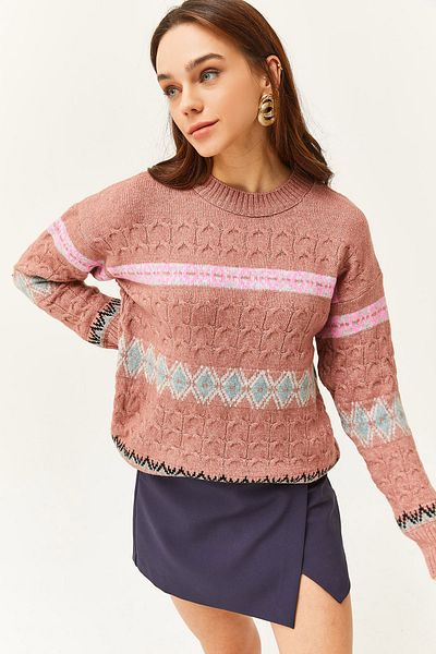 Olalook Pulover cu textura moale cu dungi Dusty Rose Baklava pentru femei KZK-19000790