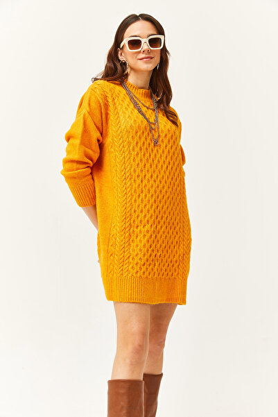 Olalook Kadın Sarı Blok Saç Örgülü Triko Tunik Elbise ELB-19002032