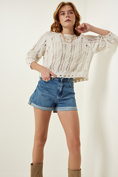 Happiness İstanbul Női krém áttört szezonális kötöttáru pulóver MW00142