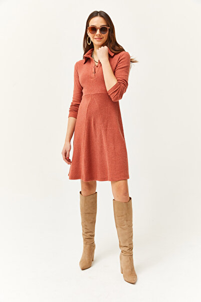 Olalook Kadın Soğan Kabuğu Polo Yaka Düğmeli Mini Kloş Elbise ELB-19002030