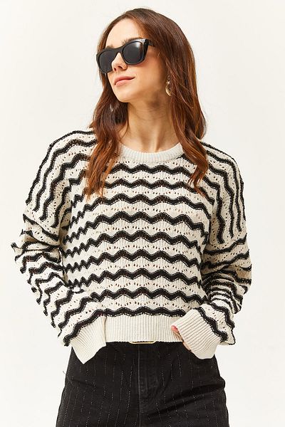 Olalook Women's Ecru Black Wave Striped Openwork Seasonal Knitwear Blouse BLZ-19002477