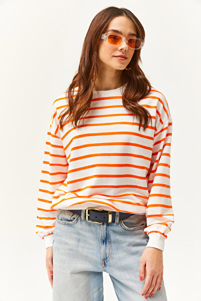 Olalook Women's White Neon Orange Basic Soft Textured Casual Sweatshirt SWT-19000457