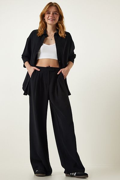 Happiness İstanbul Women's Black Woven Oversize Shirt Palazzo Suit UL00014