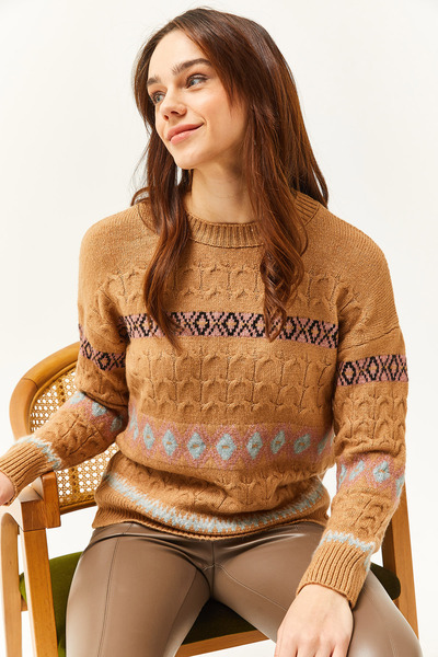 Olalook Dámská mikina Camel Baklava s pruhovanou měkkou texturou KZK-19000790