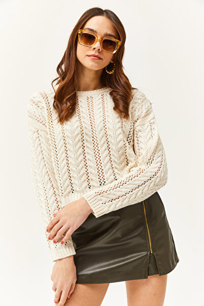 Olalook Γυναικεία εκρού ρίγες διακοσμητική εποχιακή πλεκτή μπλούζα BLZ-19002476