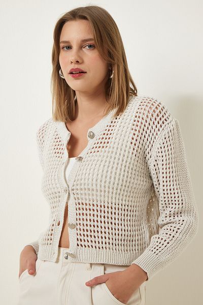 Happiness İstanbul Cremefarbene, glitzernde, geschwungene, kurze Strickjacke für Damen, Saison-MW00145