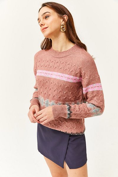 Olalook Pulover cu textura moale cu dungi Dusty Rose Baklava pentru femei KZK-19000790