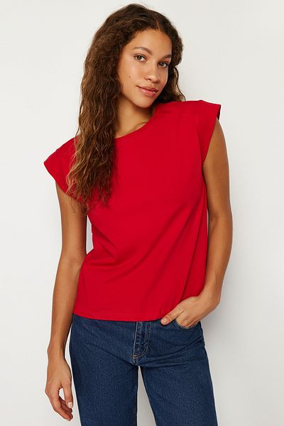 Trendyol Collection Red Rib Detailed Moon Sleeve Basic Knitted T-Shirt TWOSS24TS00008