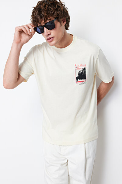 Trendyol Collection Tricou oversize din bumbac cu imprimeu bej - TMNSS22TS1422