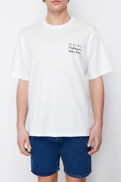 Trendyol Collection Bavlněné tričko Scenery Printed Ecru Oversize - Tmnss24Ts00124
