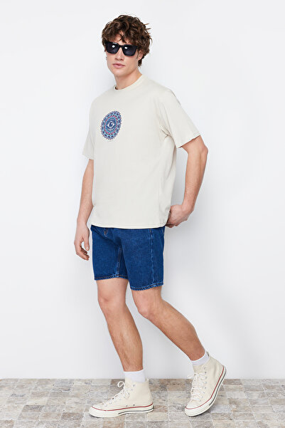 Trendyol Collection Beżowa szeroka bawełniana koszulka z nadrukiem z tyłu - Tmnss22Ts1632