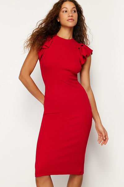Trendyol Collection Rotes Midi-Bodycon-Bleistiftkleid mit dehnbarem Kordelzug – Volantärmel, körperbetont TWOSS23EL01708