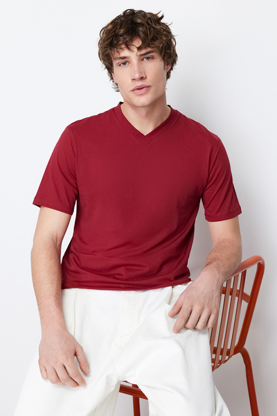 Trendyol Collection Βαμβακερό κοντομάνικο μπλουζάκι με λαιμόκοψη σε μπορντό λεπτή εφαρμογή - TMNSS19BO0002