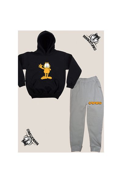 MarkaTurko GARFİELD front printed unisex Custom Design Cotton black-gray children's tracksuit 5050-36G