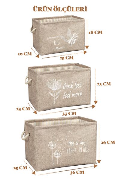 Manken İstanbul Merva Set of 3 Felt, Handled Shelf Organizer, Multi-Purpose Organizer