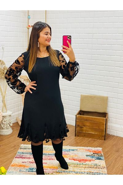su.butiksu Φόρεμα Flock Print Hemline Tulle Λεπτομερές φόρεμα μαύρο