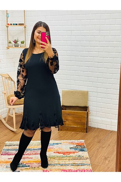 su.butiksu Φόρεμα Flock Print Hemline Tulle Λεπτομερές φόρεμα μαύρο
