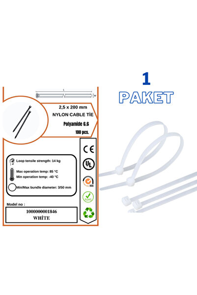sebox Plastik Kablo Bağı Kelepçesi Cırt 2,5 X 200 mm (100 adet)
