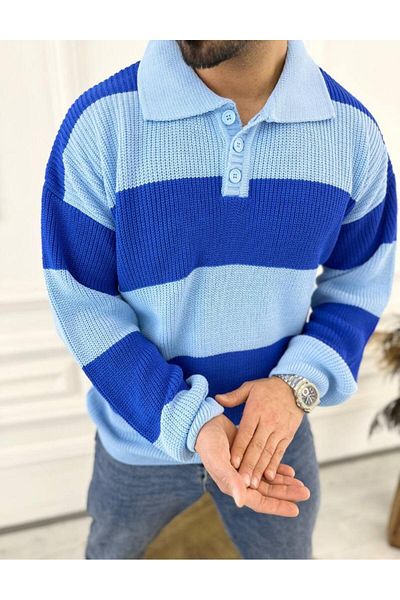 elkumoda Пуловер Oversize без топчета, плетен пуловер от естествен памук с поло яка