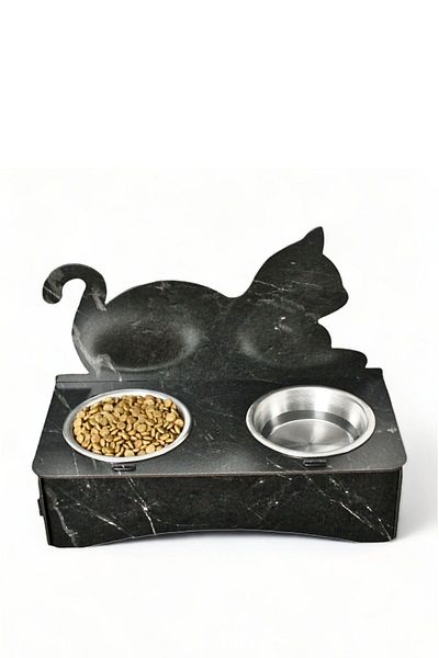 Evene Cat Food and Water Bowl - 2 Steel Bowl Model, 4 Black Marble Food Bowl