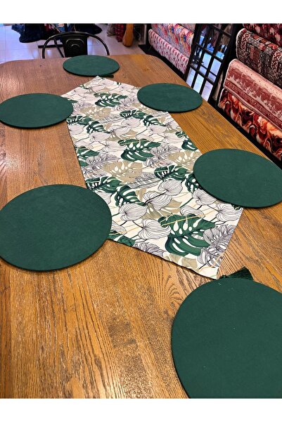 TUĞÇE DEMİR HOME DESIGN SOFT YEŞİL YAPRAK RUNNER SUPLA TAKIM