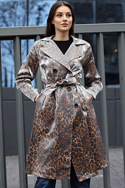 CoolLook Kruvaze Ceket Yaka Düğmeli Leopar Yan Cepli Kuşaklı Uzun Kol Astarsız Mevsimlik Diz Altı Trençkot