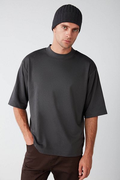 GRIMELANGE Ascolı Men's Oversize Fit Special Thick Textured Fabric High Collar Anthracite T-shirt