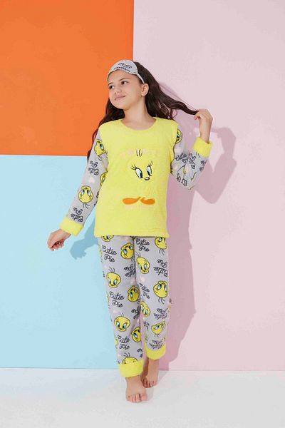 Tarık Girl Child Yellow Tweety Polar Pyžama Set se spící čelenkou jako dárek