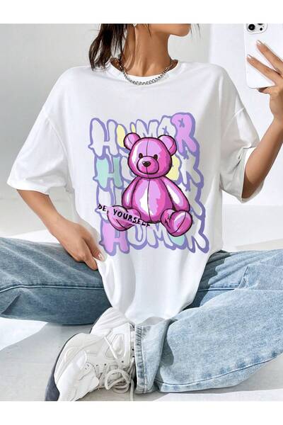 Tarzsokak Tricou cu imprimeu urs și litere și design cu umăr liber pentru femei