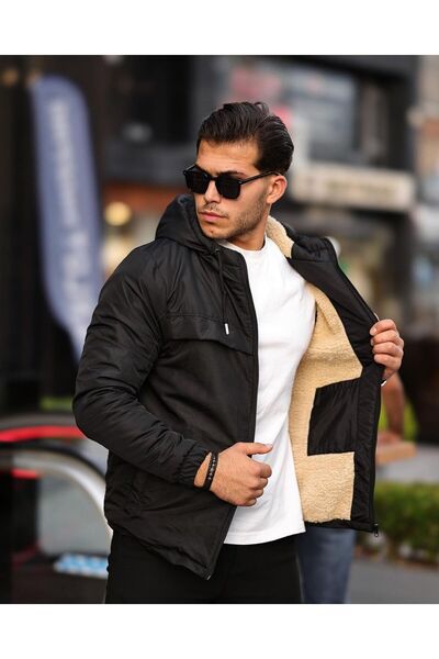 Clavi İçi Kürklü Yağmur ve Rüzgar Geçirmez Kapüşonlu Kışlık Mont Siyah