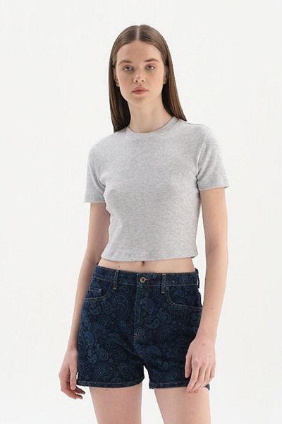 Dagi Gray Melange Short Sleeve Crop T-Shirt