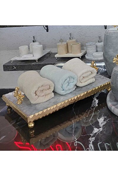Sümeyra Marble Art Carina - Gray Marble Presentation Tray | 20x30cm | Coral Object | Ball Footed | Gold |
