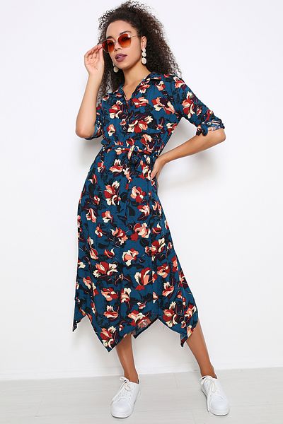 AVORWE Rochie cu decupaj asimetric cu guler de cămașă cu imprimeu floral